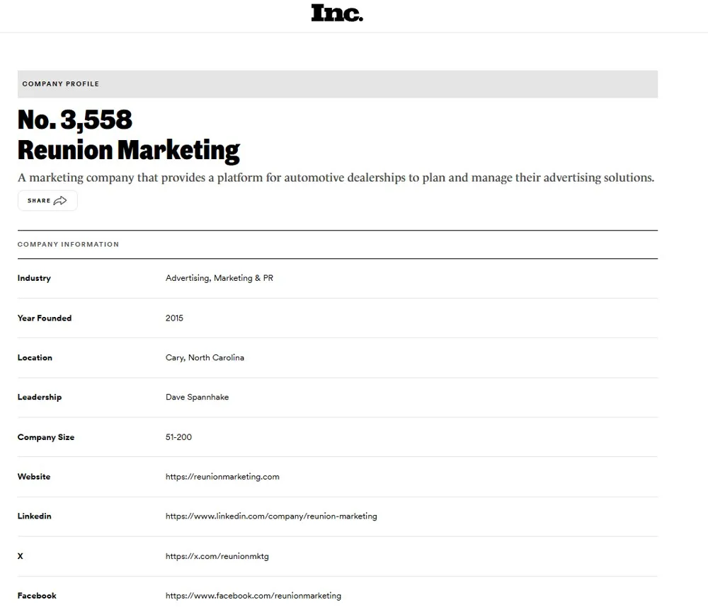 Reunion Marketing profile on the Inc. 5000 list, ranked No. 3,558